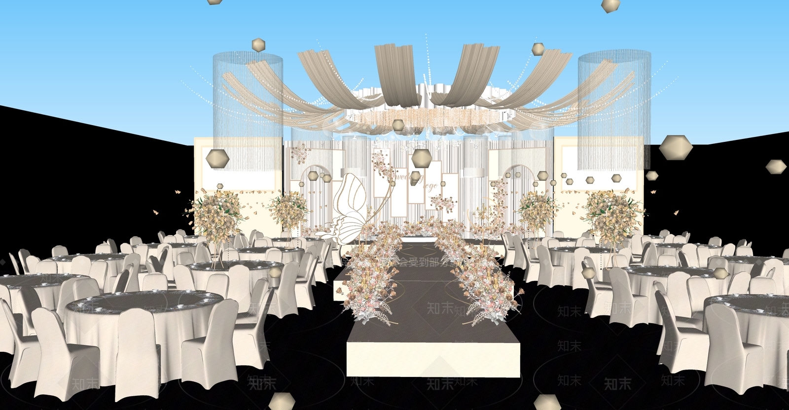 现代香槟色婚礼宴会厅SU模型下载【ID:1152295825】
