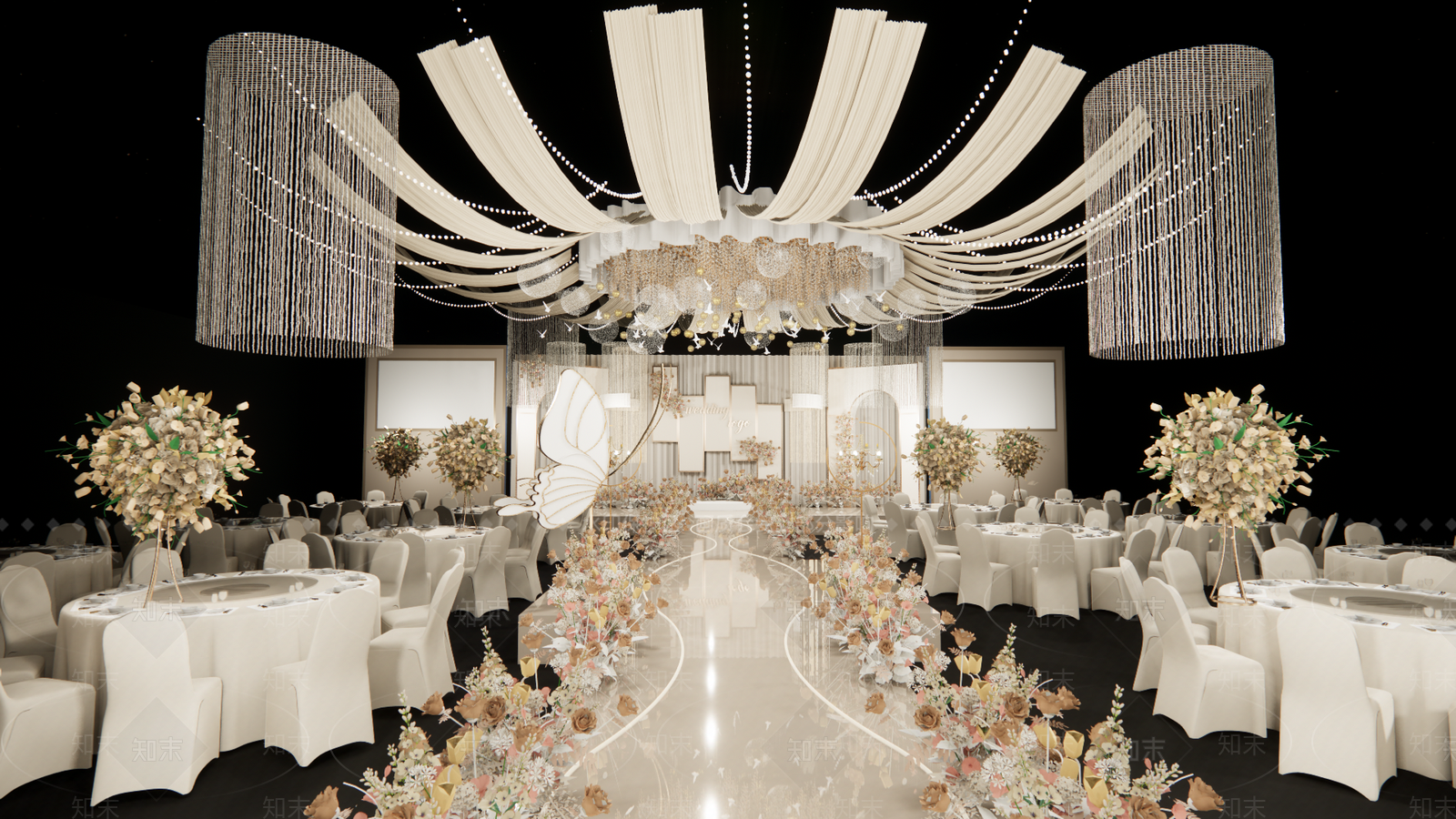现代香槟色婚礼宴会厅SU模型下载【ID:1152295825】
