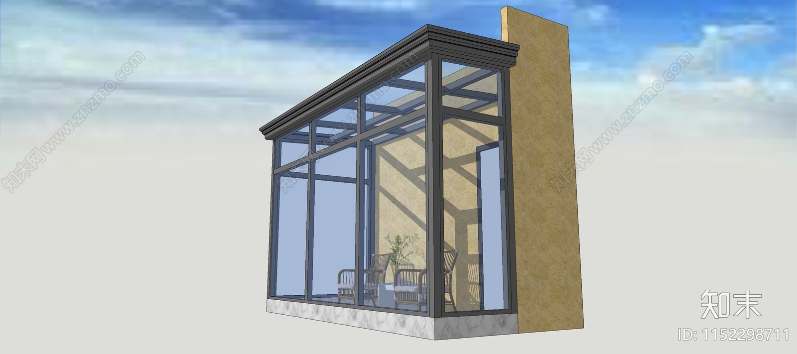 现代封阳台小型斜坡顶阳光房SU模型下载【ID:1152298711】
