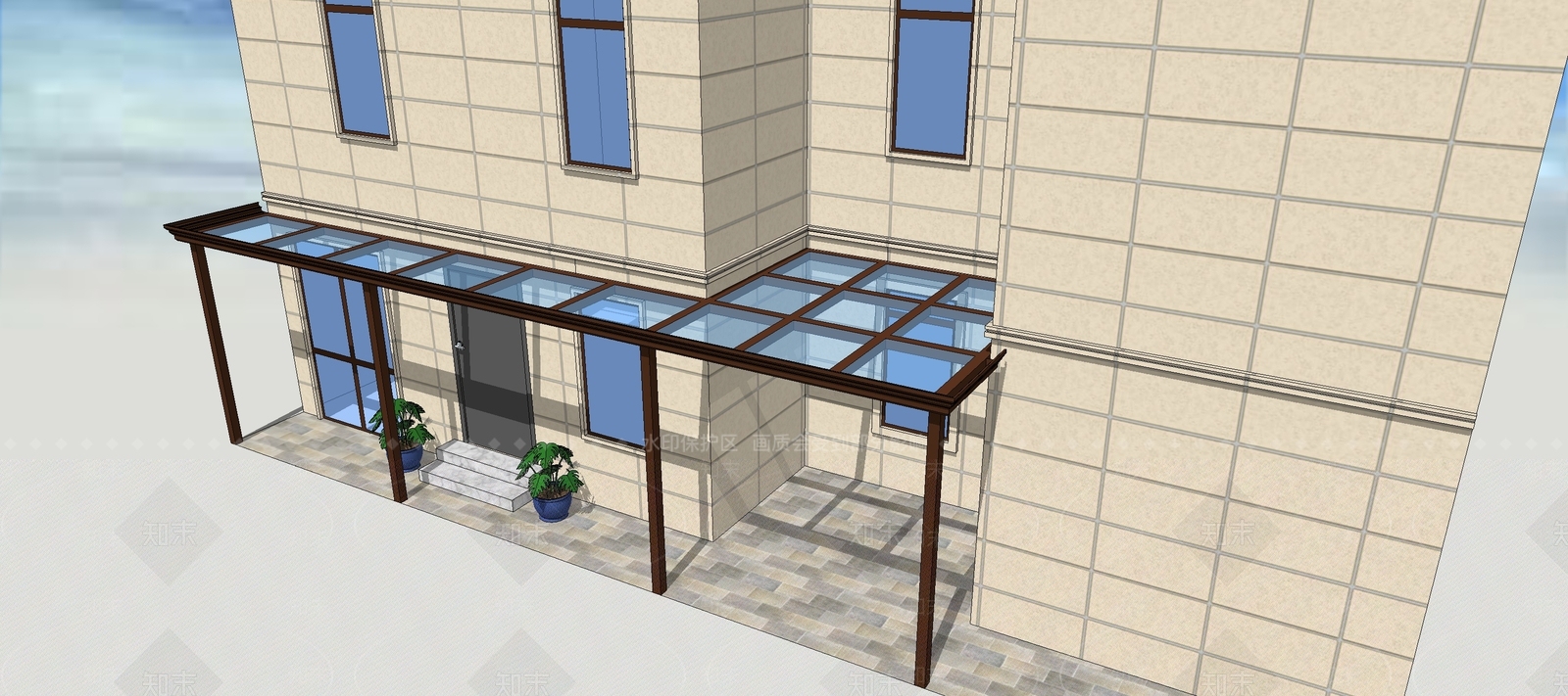 现代小区钢结构玻璃雨棚SU模型下载【ID:1152300534】