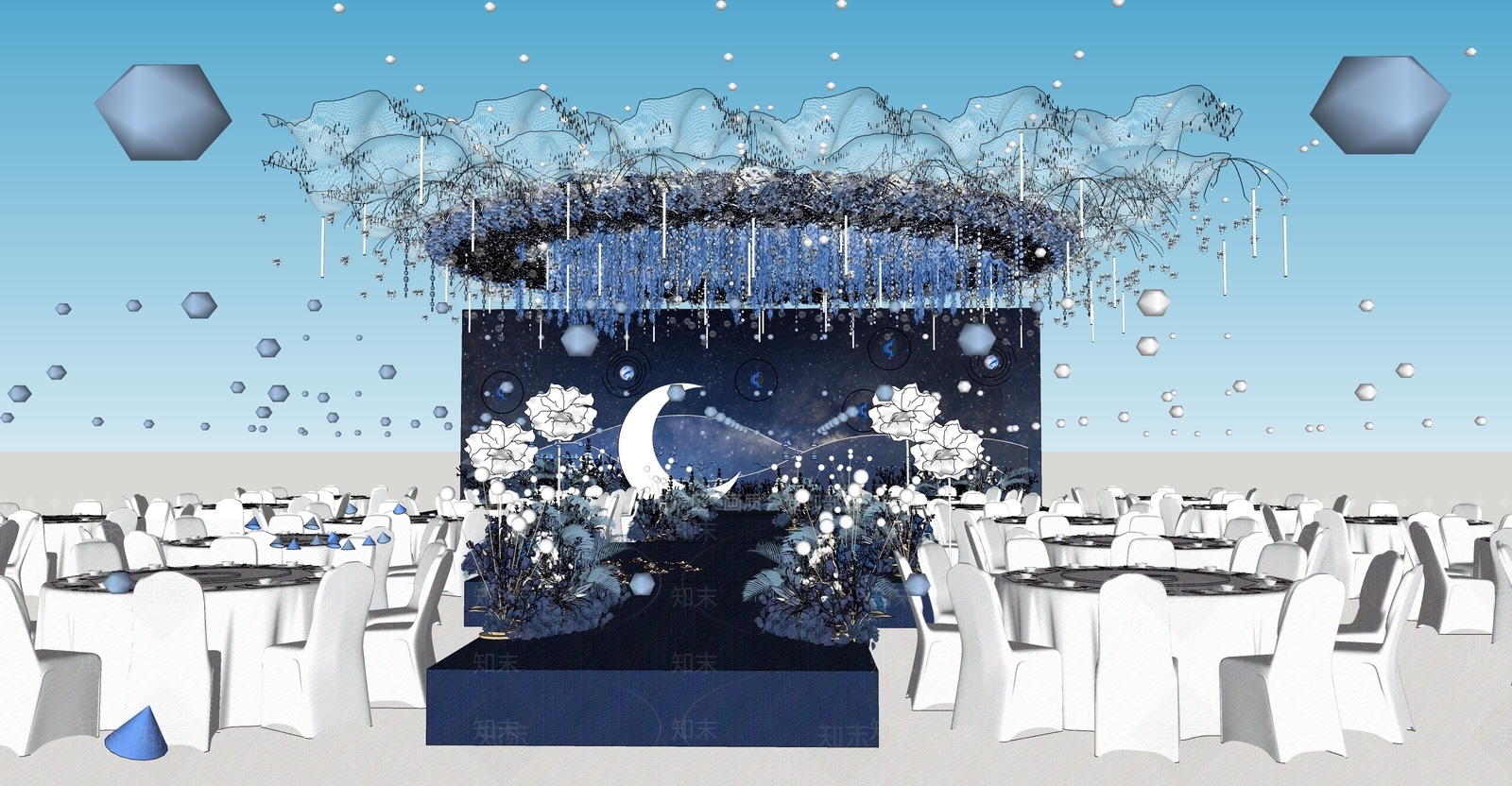 现代星空蓝色婚礼宴会厅SU模型下载【ID:1152301944】