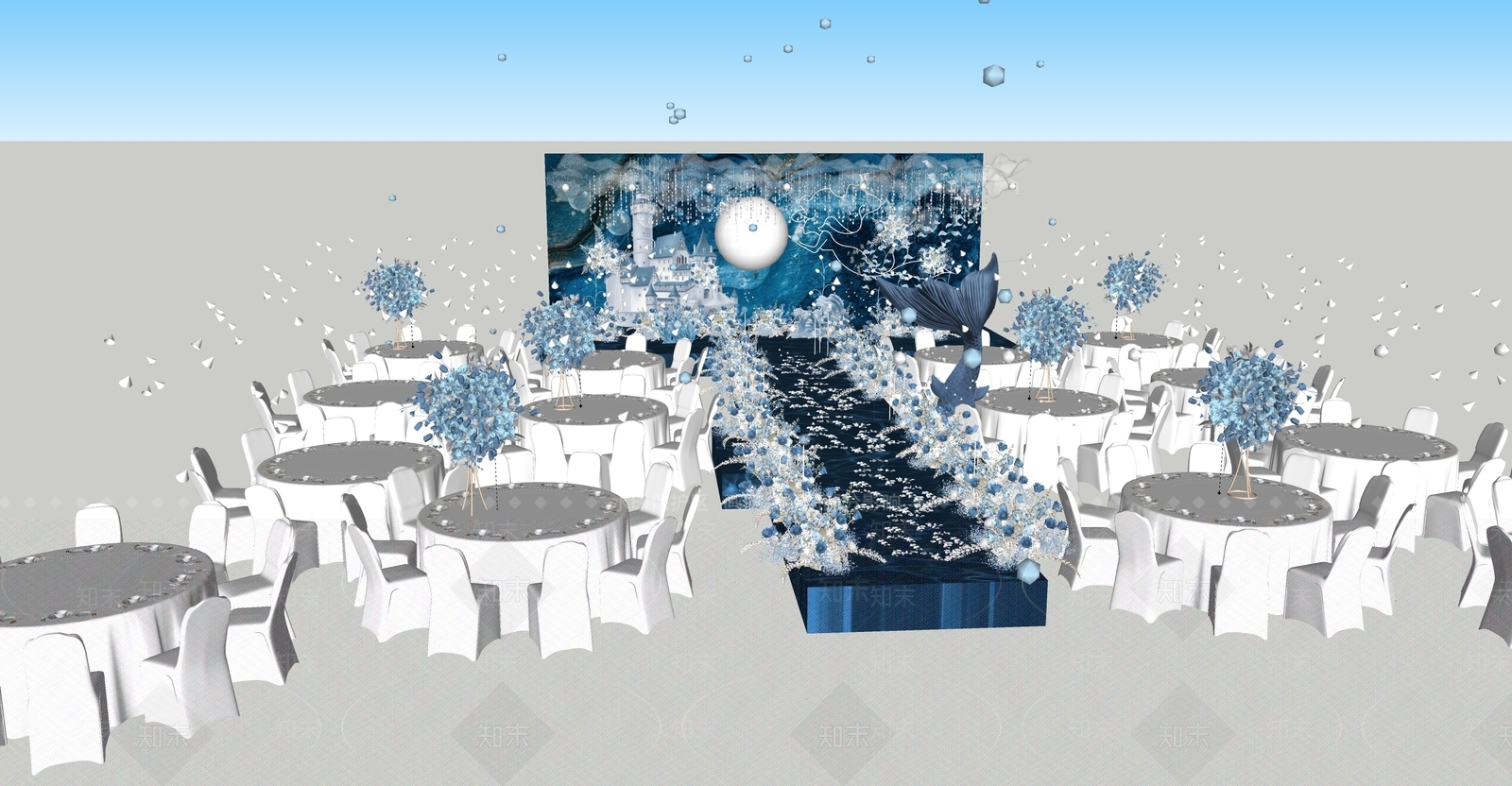 现代蓝色星空海洋婚礼宴会厅SU模型下载【ID:1152301958】