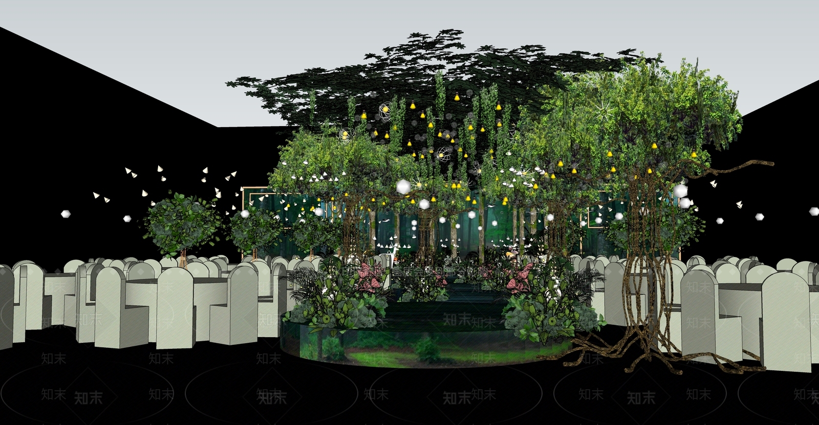 现代绿色森系婚礼宴会厅SU模型下载【ID:1152302073】
