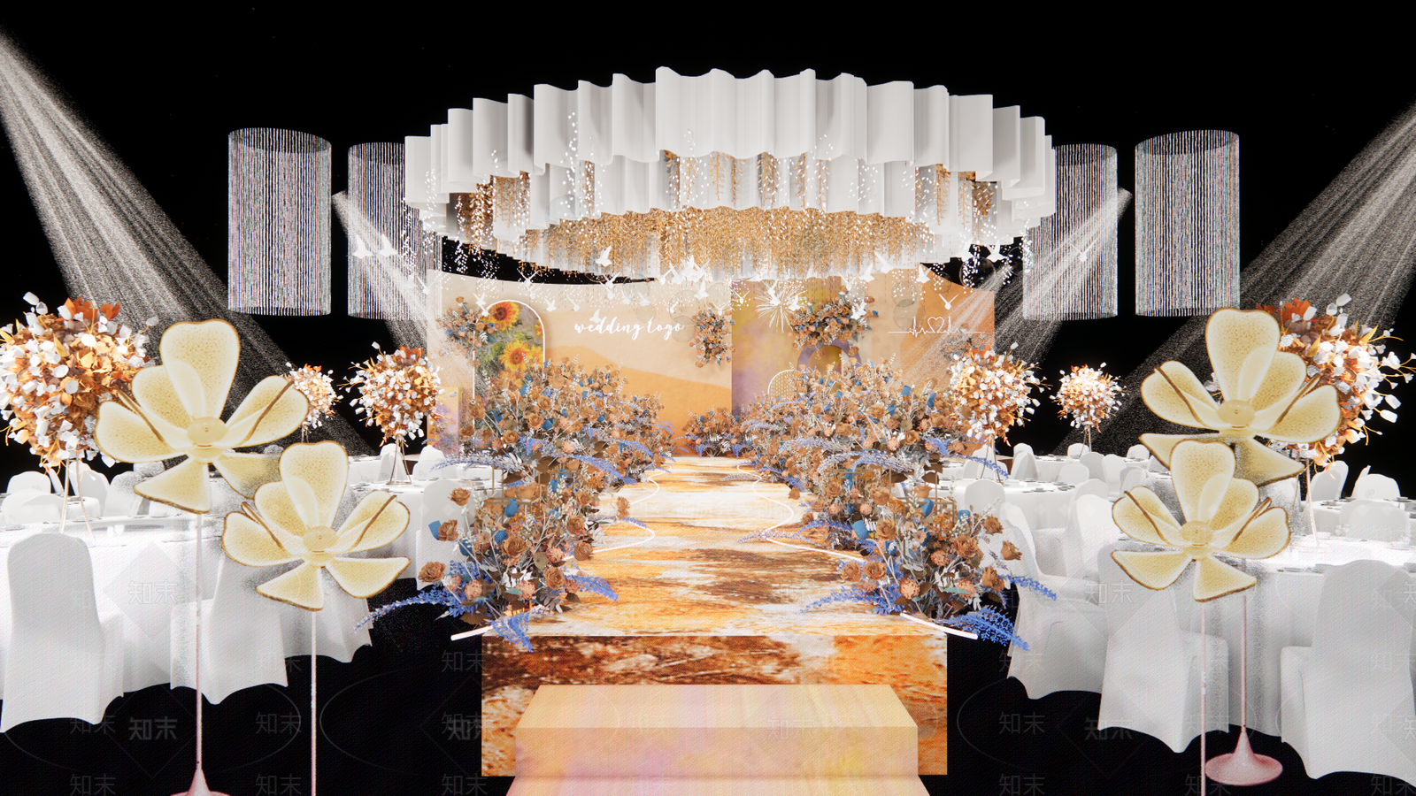 现代橘色向日葵花园婚礼宴会厅SU模型下载【ID:1152302089】