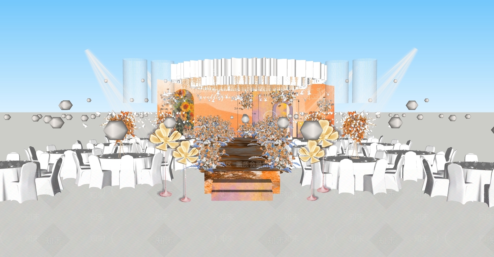 现代橘色向日葵花园婚礼宴会厅SU模型下载【ID:1152302089】