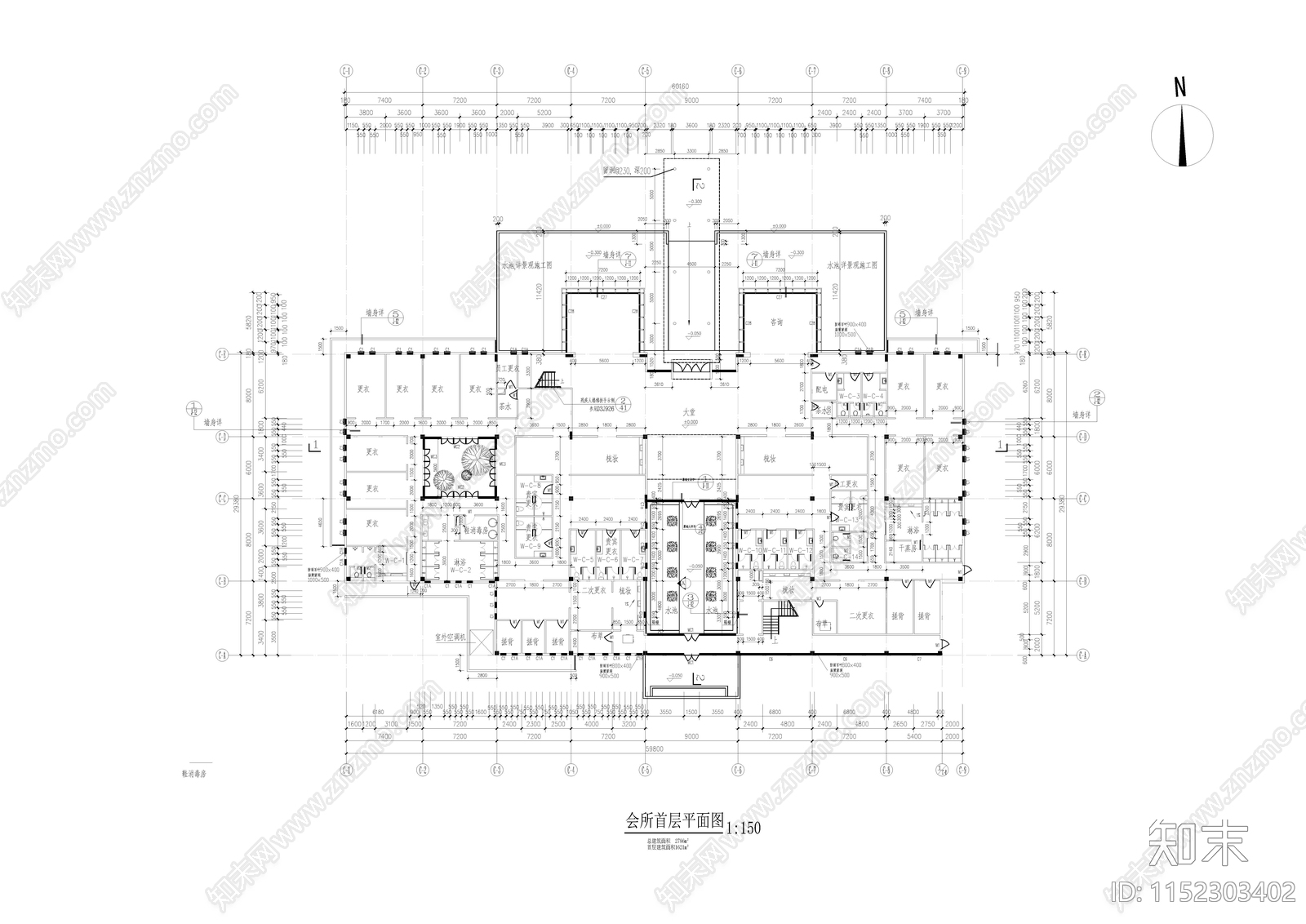 会馆会所spa温泉馆平立剖面建筑图cad施工图下载【ID:1152303402】