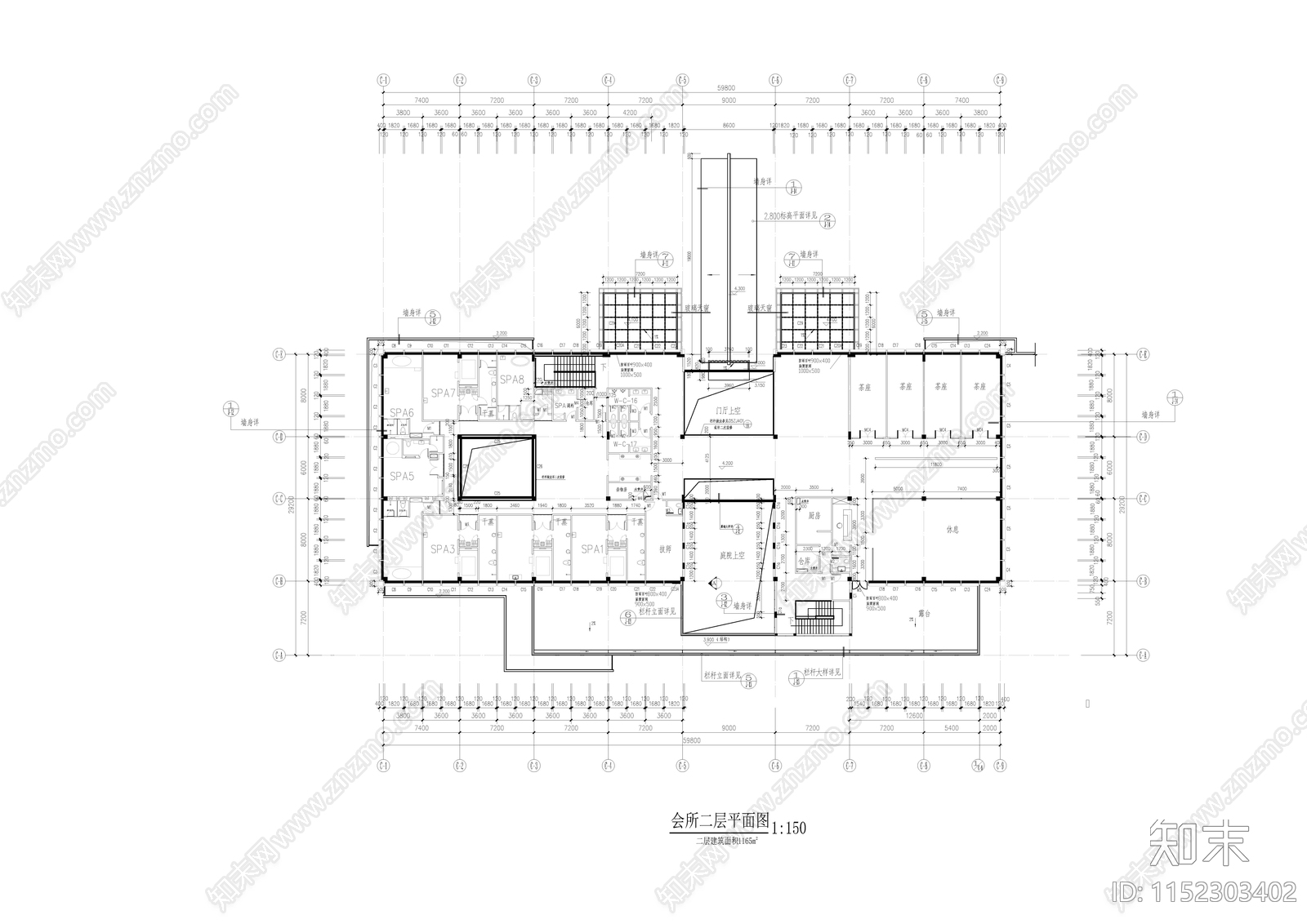 会馆会所spa温泉馆平立剖面建筑图cad施工图下载【ID:1152303402】