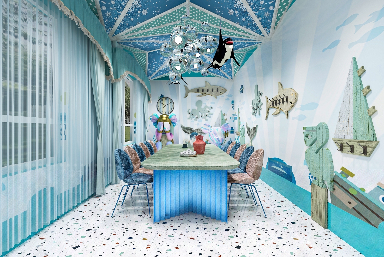 现代海洋主题餐厅包间3D模型下载【ID:1152309471】