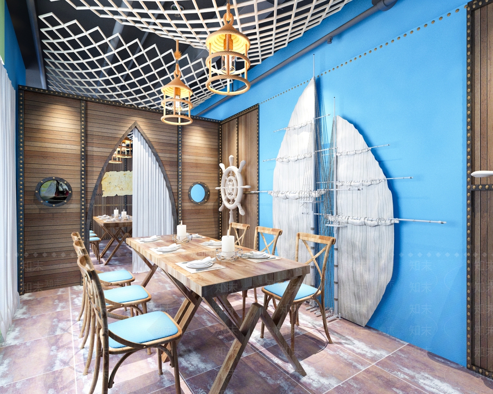 现代海洋主题餐厅包间3D模型下载【ID:1152313746】