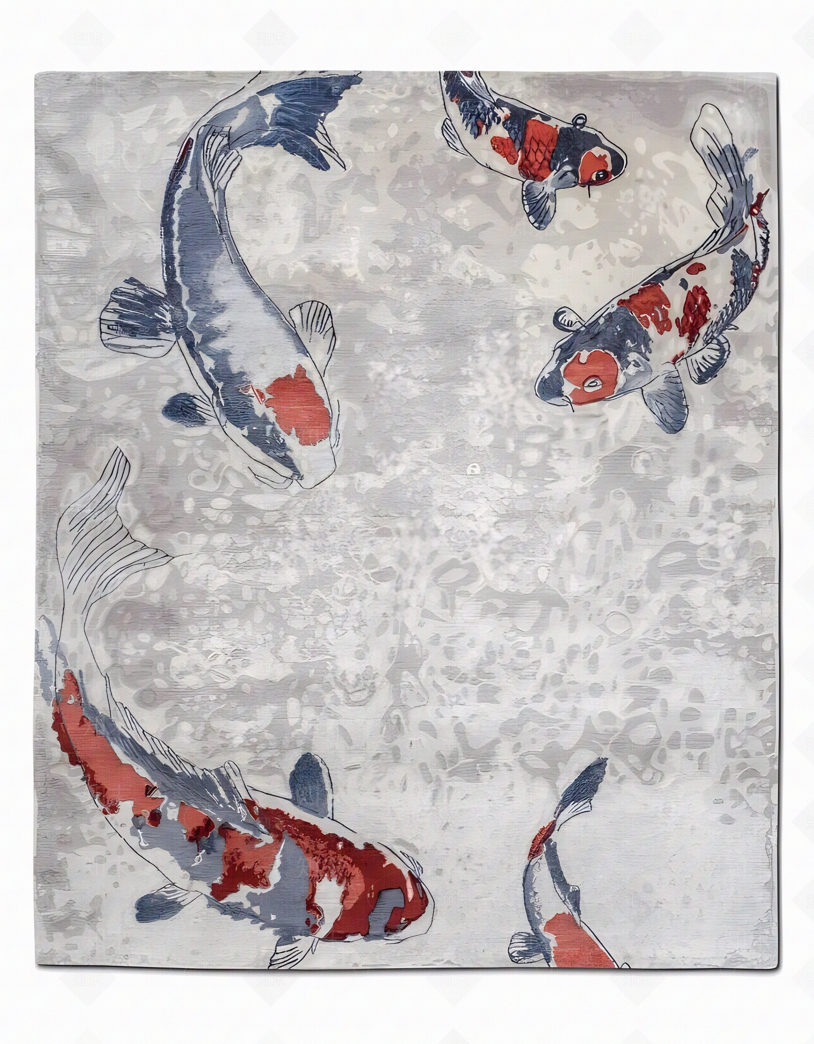 新中式蓝灰色鲤鱼图案地毯贴图下载【ID:1152321557】