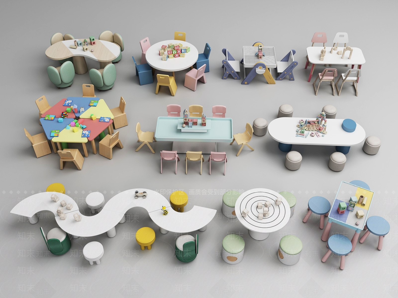 现代儿童儿童桌椅组合3D模型下载【ID:1152338109】