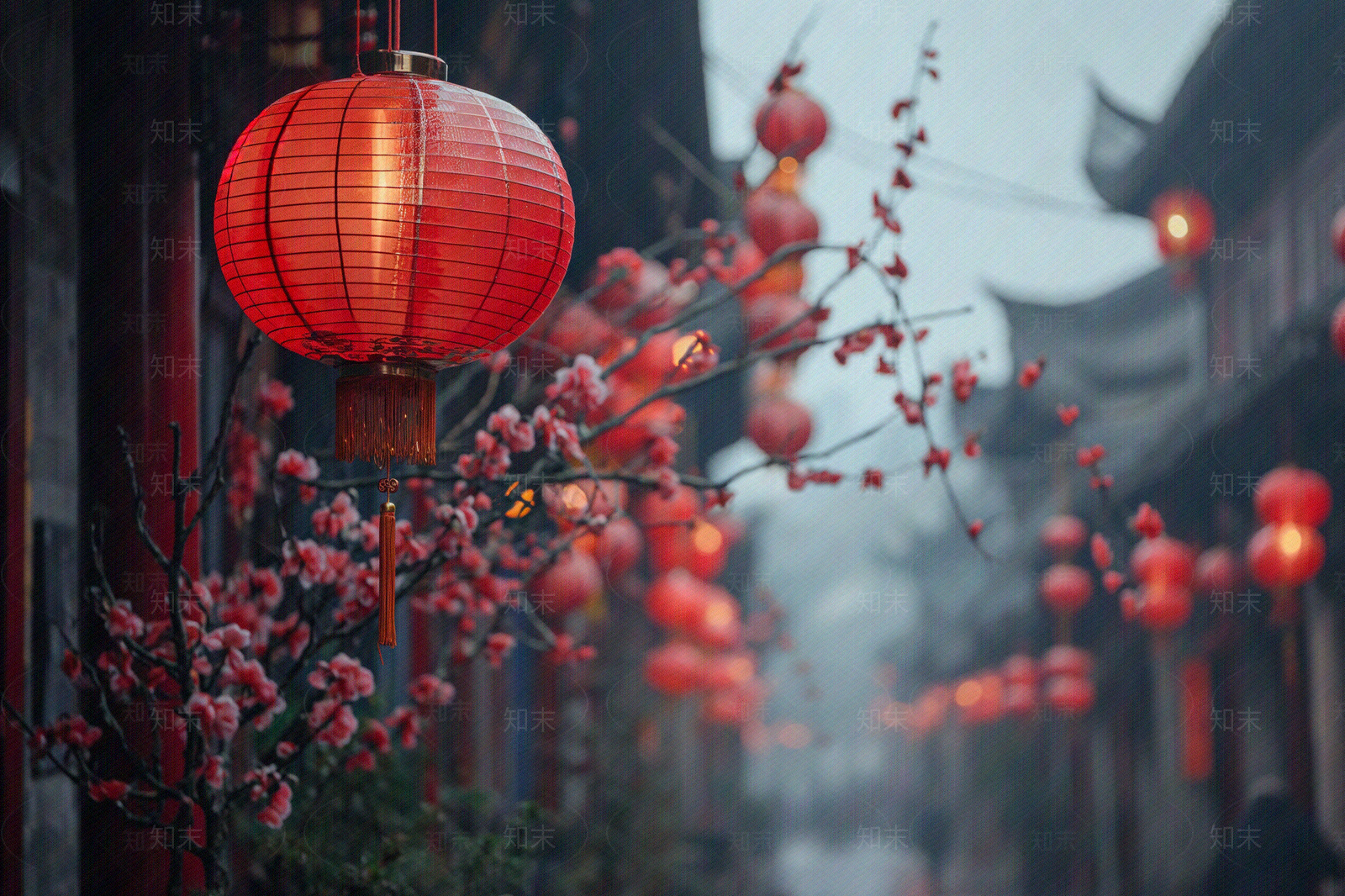 古镇老街春节新年灯笼高挂街道外景贴图下载【ID:1152341339】