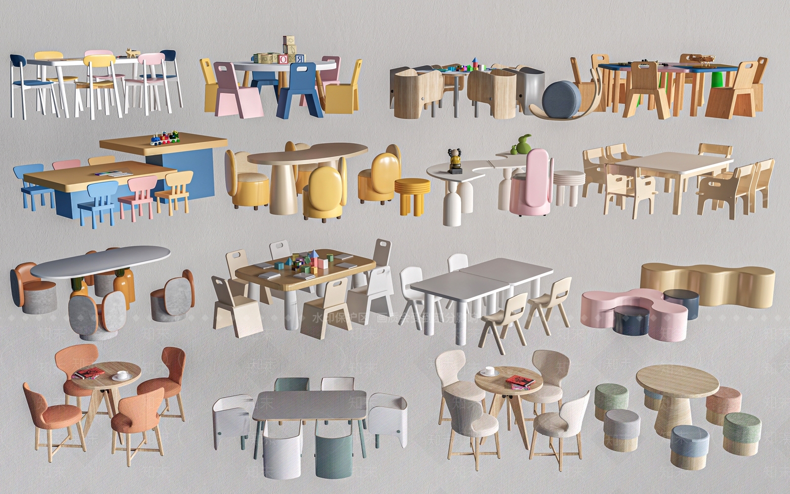 现代儿童桌椅组合3D模型下载【ID:1152346387】