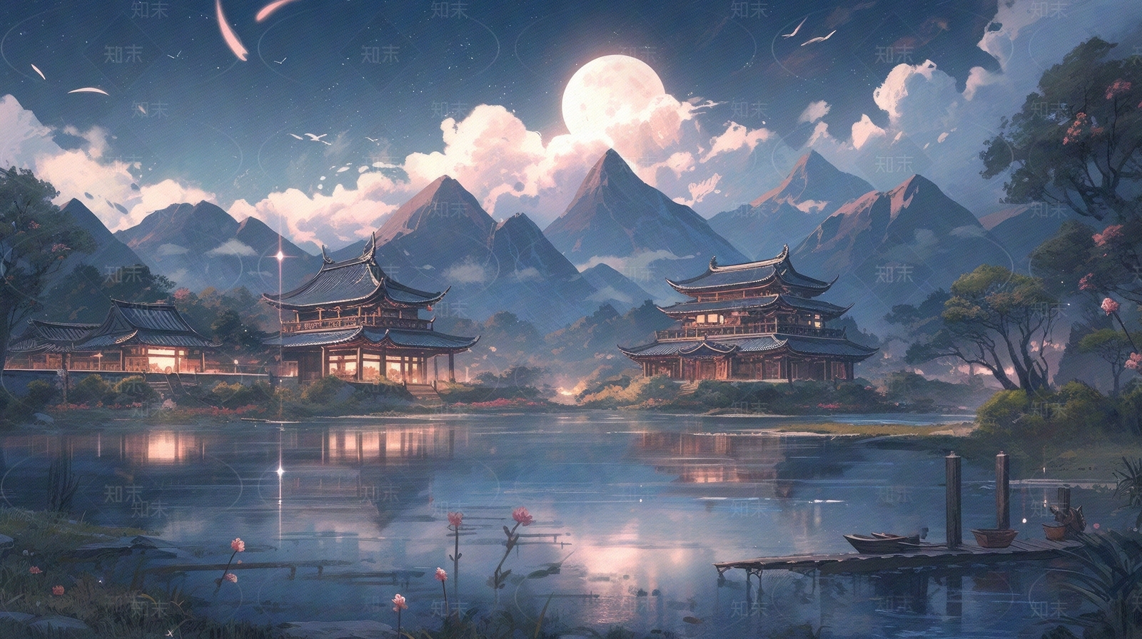 卡通中式山水建筑壁画贴图下载【ID:1152348710】