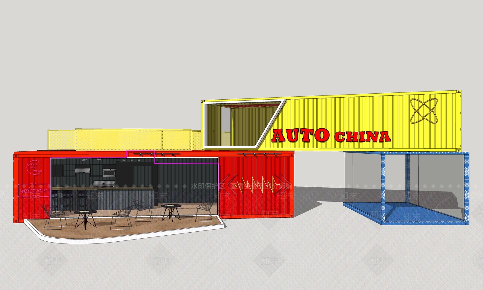 现代商业集装箱餐饮建筑SU模型下载【ID:1152364159】