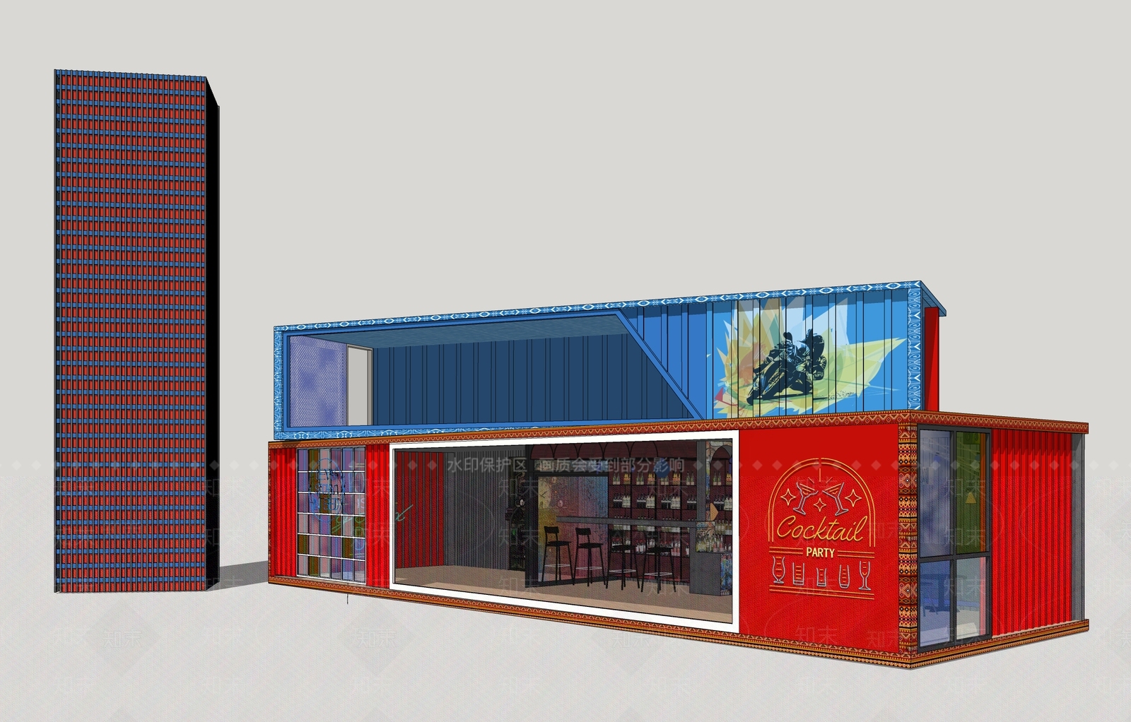 现代商业集装箱餐饮建筑SU模型下载【ID:1152364250】