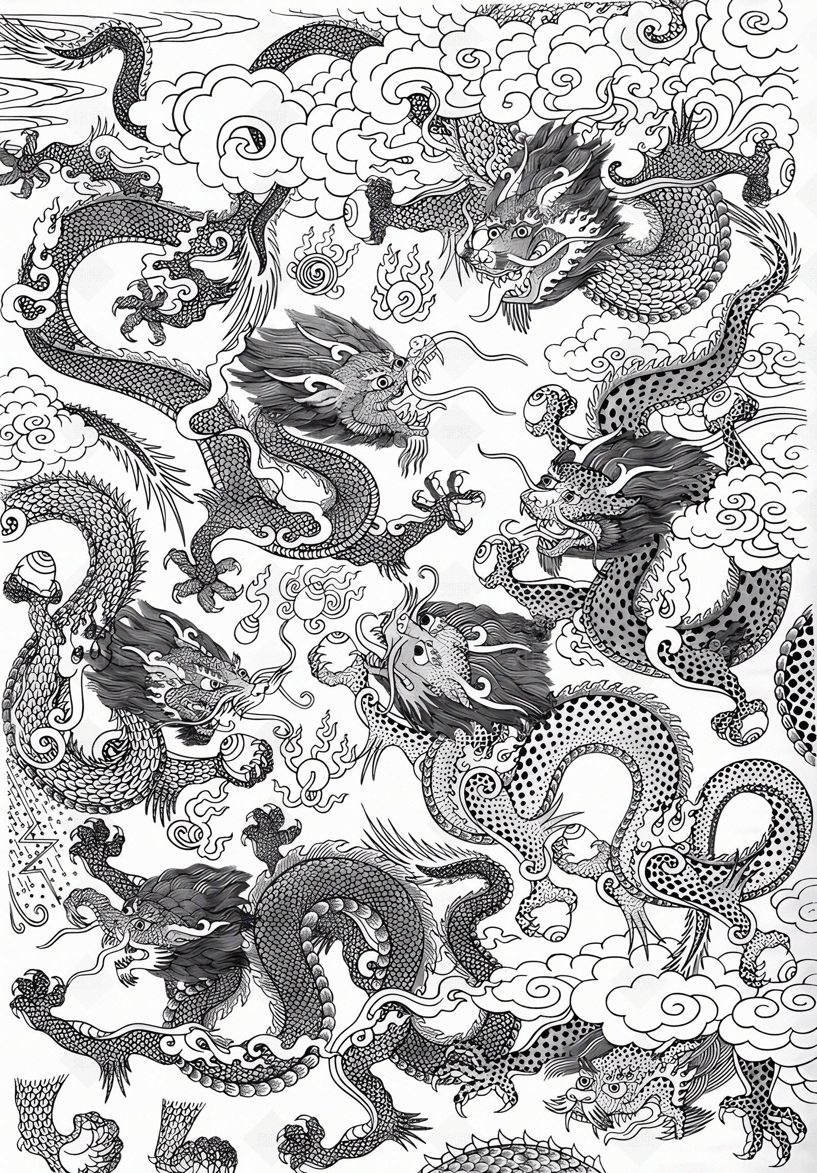 新中式风格黑白飞龙图案地毯贴图下载【ID:1152378917】