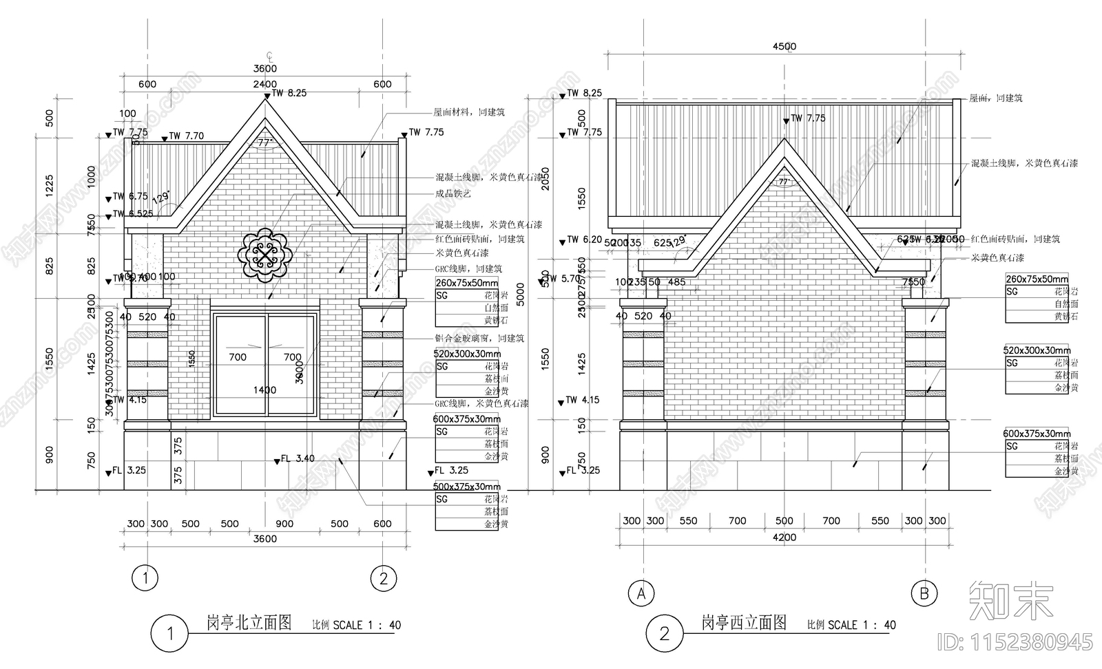 门卫岗亭建筑平立面图cad施工图下载【ID:1152380945】