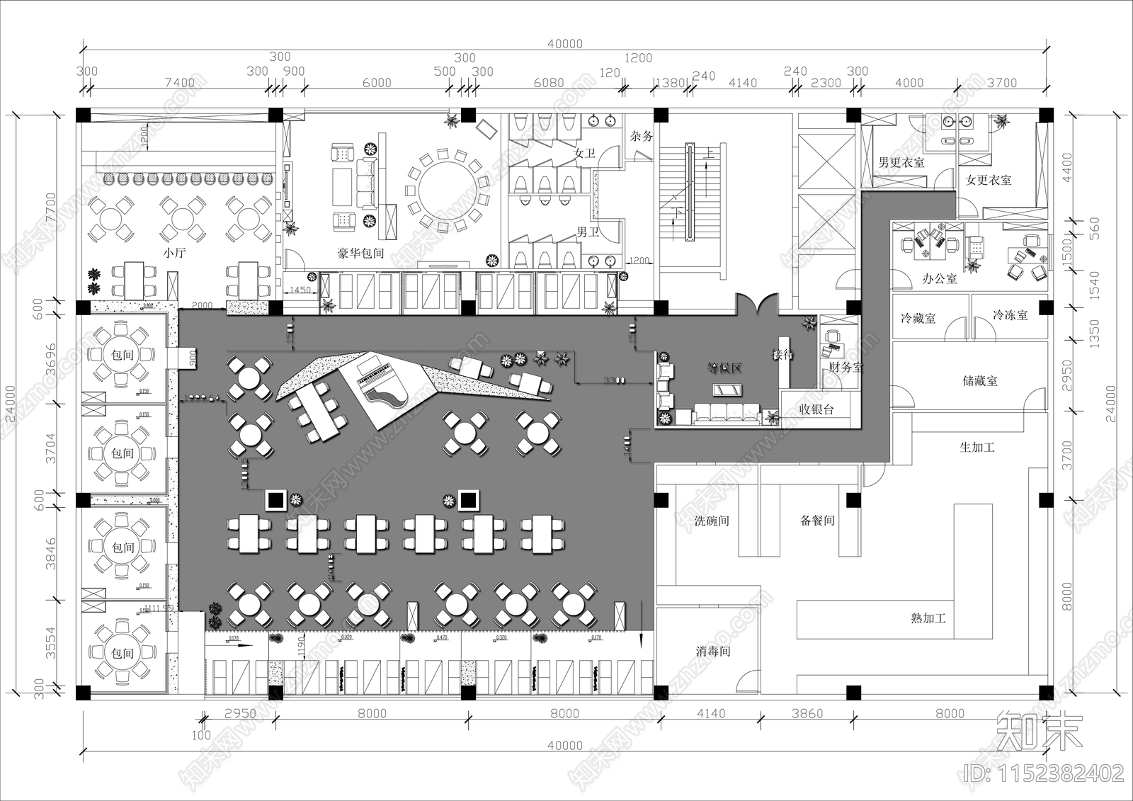 1000㎡音乐西餐厅平面图施工图下载【ID:1152382402】