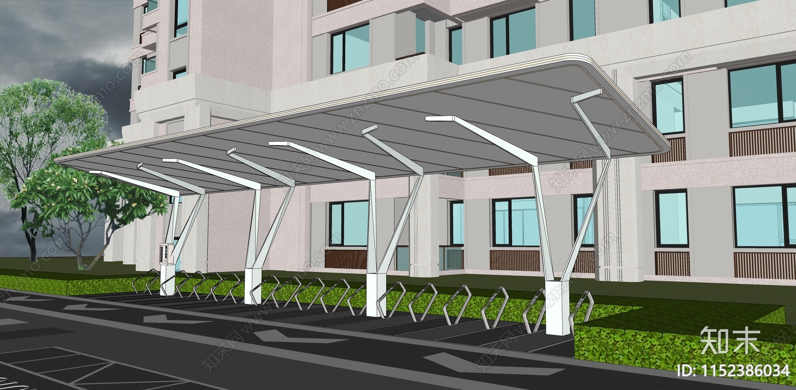 现代非机动车停车棚SU模型下载【ID:1152386034】