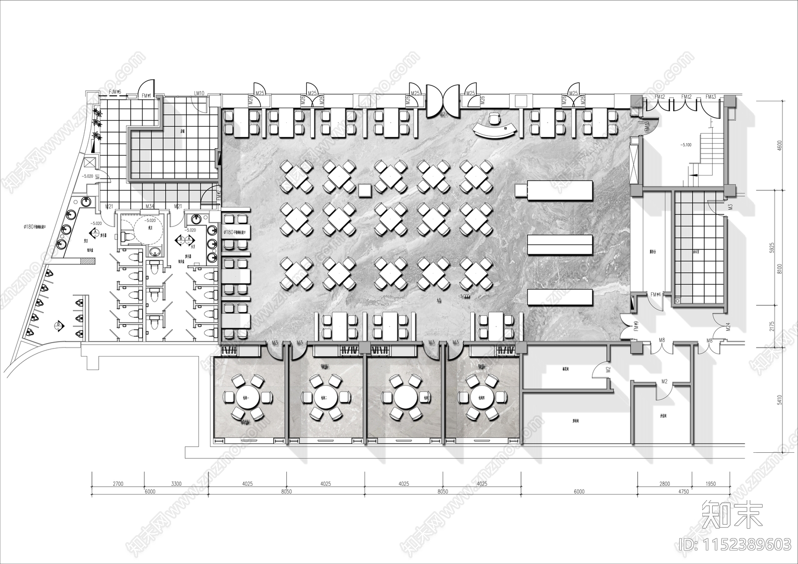 600㎡西餐厅平面图施工图下载【ID:1152389603】