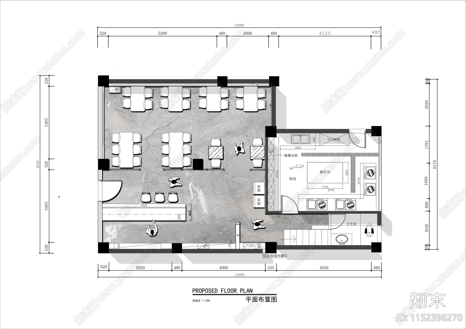 80㎡快餐店平面布局彩平图施工图下载【ID:1152396270】