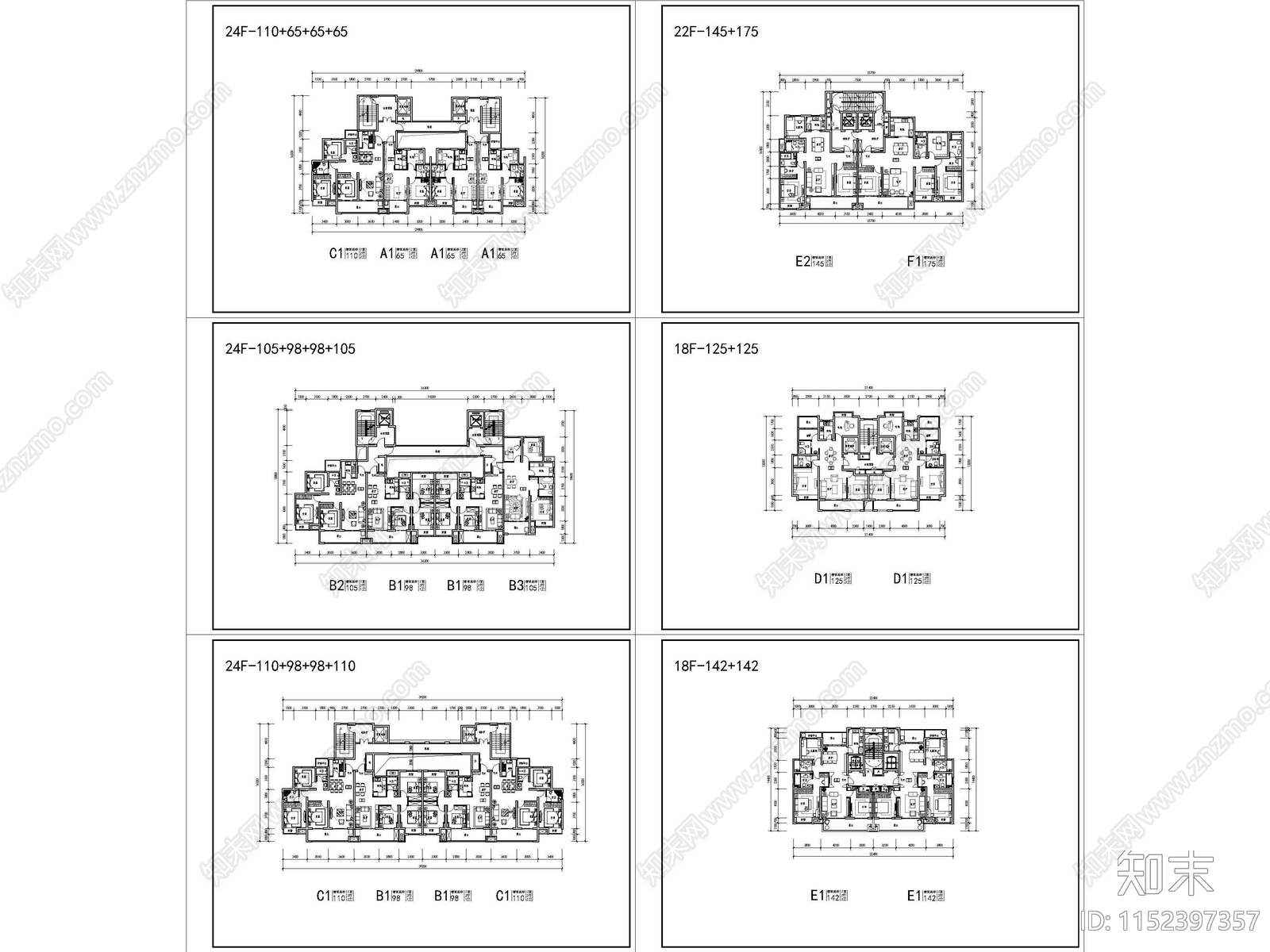 高层住宅户型平面cad施工图下载【ID:1152397357】