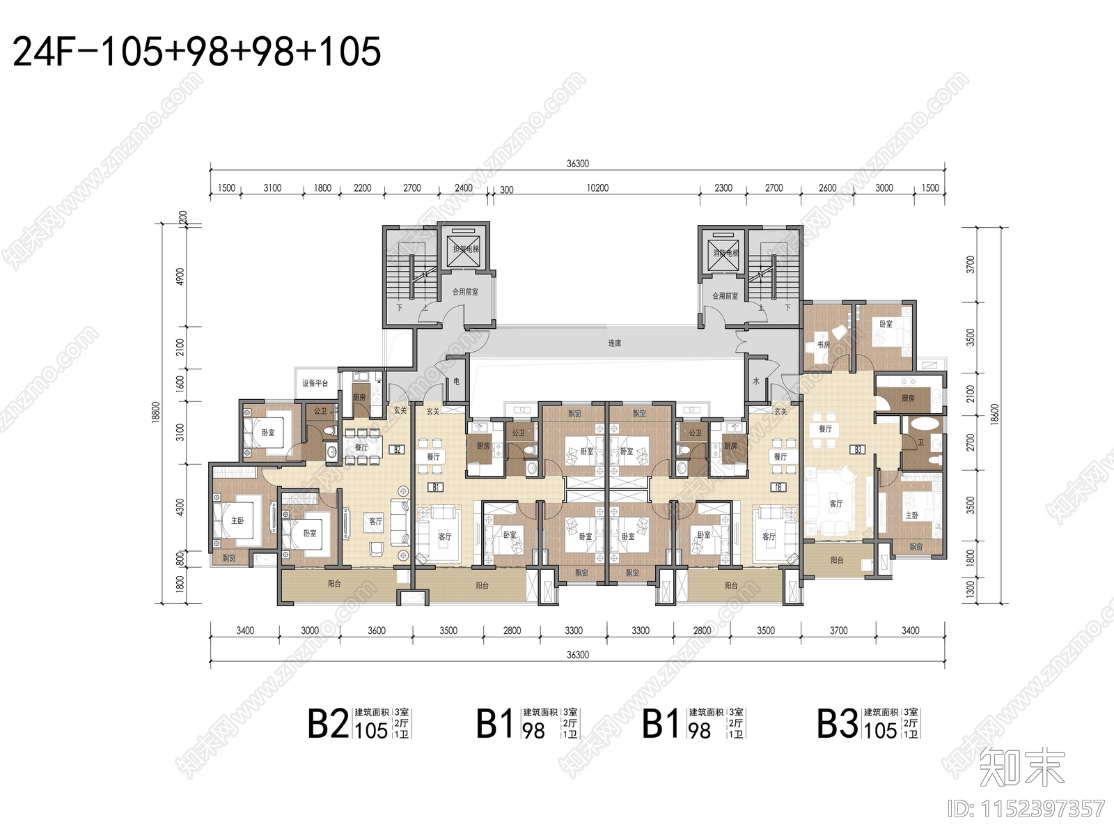 高层住宅户型平面cad施工图下载【ID:1152397357】