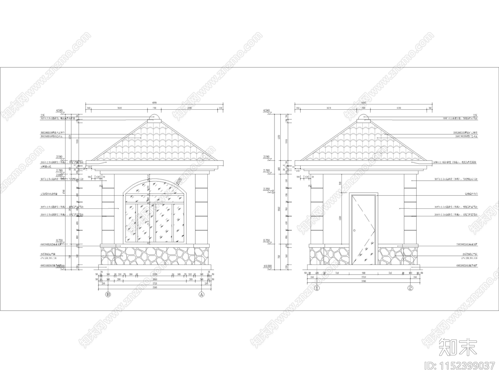 尖顶欧式保安亭小区保安亭cad施工图下载【ID:1152399037】