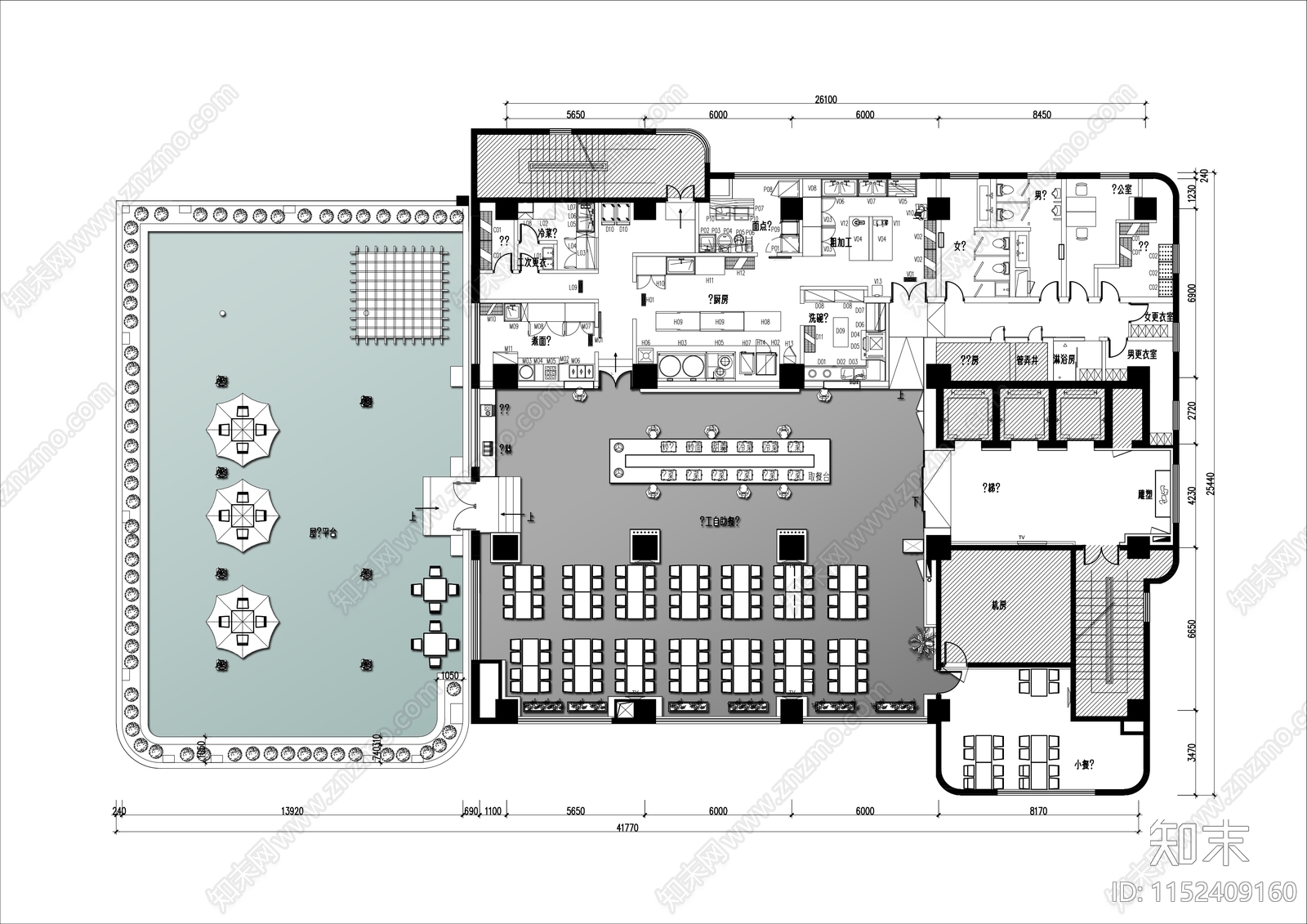 员工食堂平面布局图cad施工图下载【ID:1152409160】