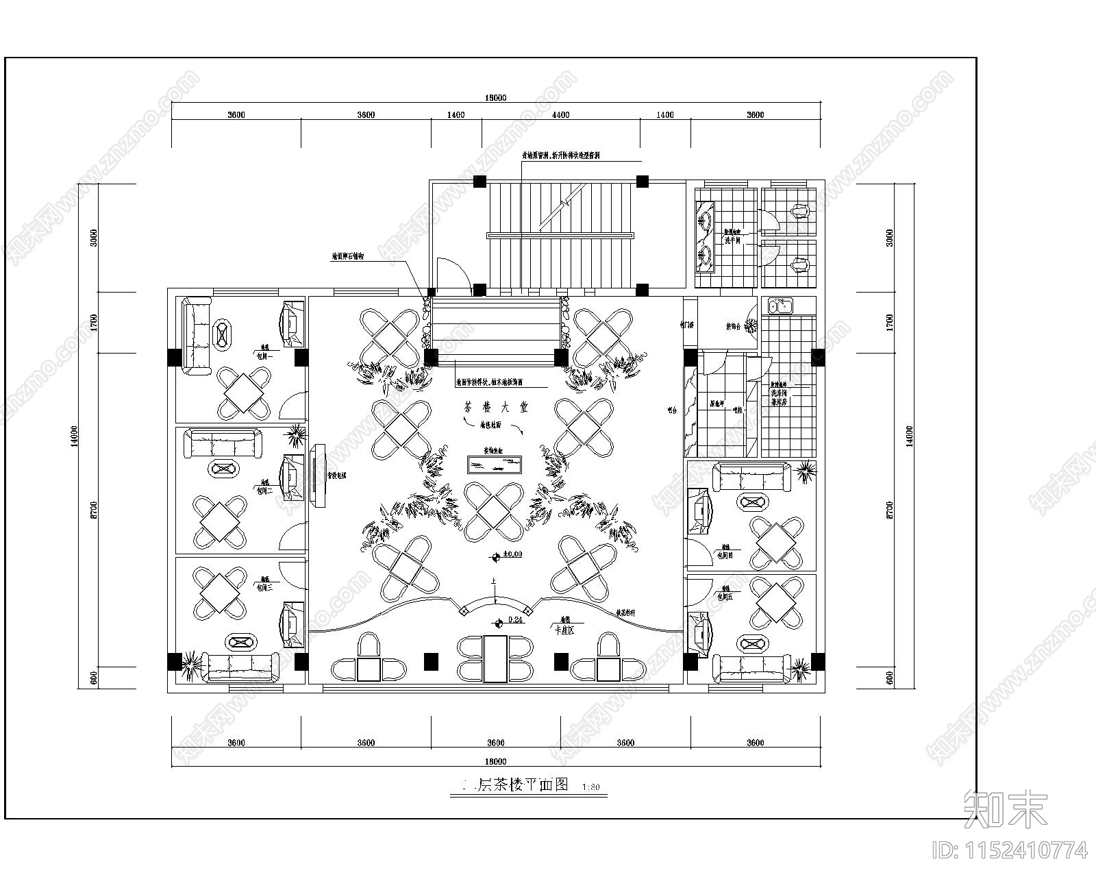 现代简约茶楼cad施工图下载【ID:1152410774】