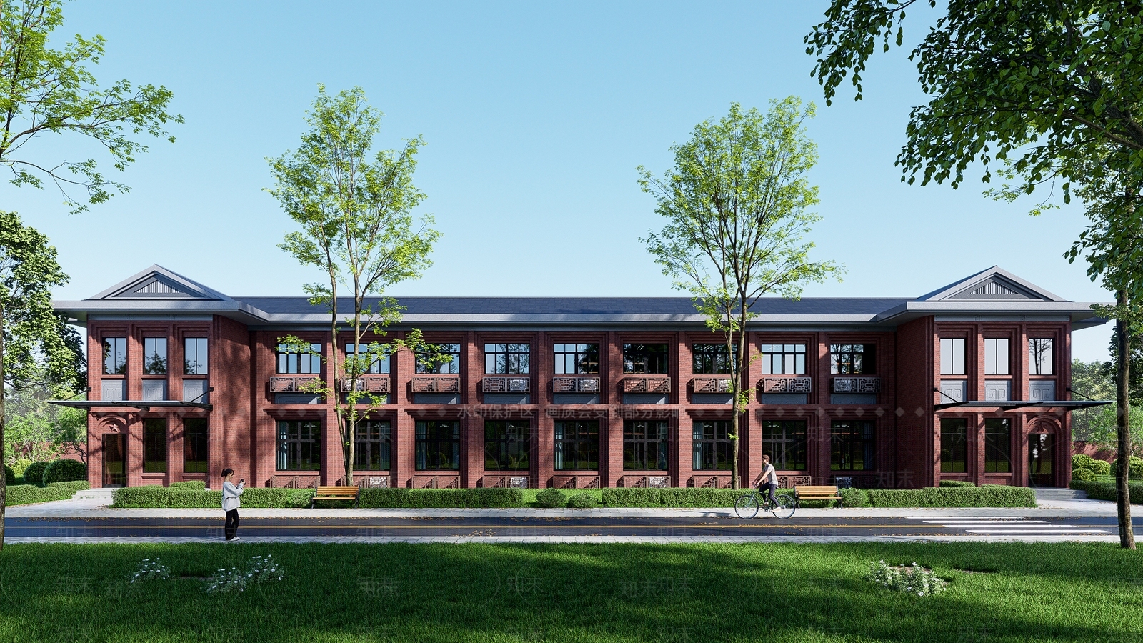 新中式红砖多层办公建筑SU模型下载【ID:1152415411】