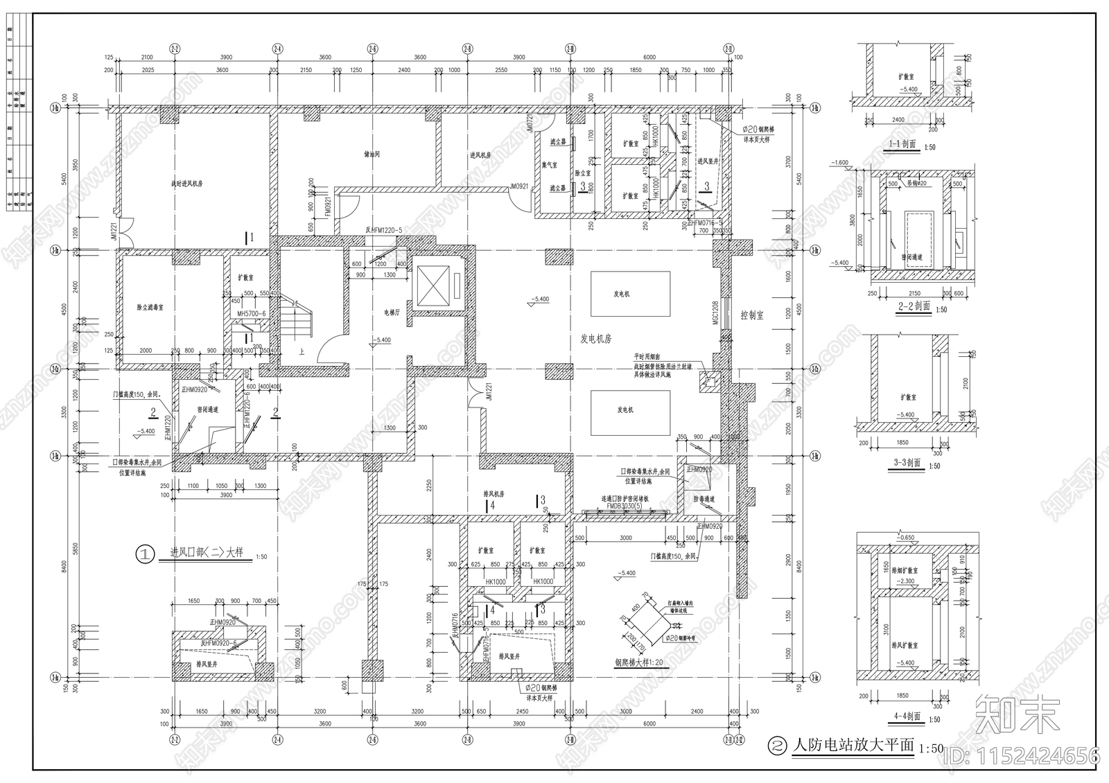 人防地下室建筑cad施工图下载【ID:1152424656】