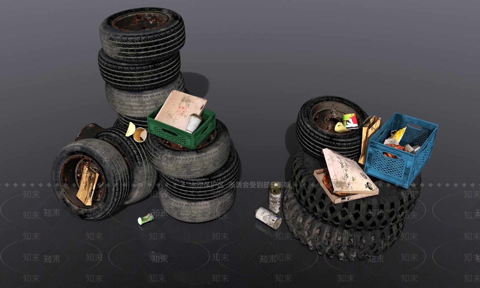 废旧汽车轮胎旧纸箱匹萨垃圾堆3D模型下载【ID:1152436081】