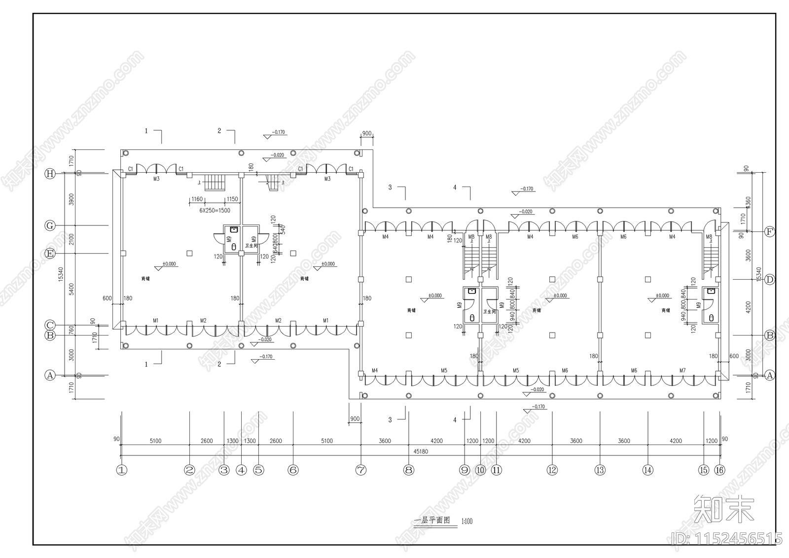 仿古民居建筑平面图cad施工图下载【ID:1152456515】