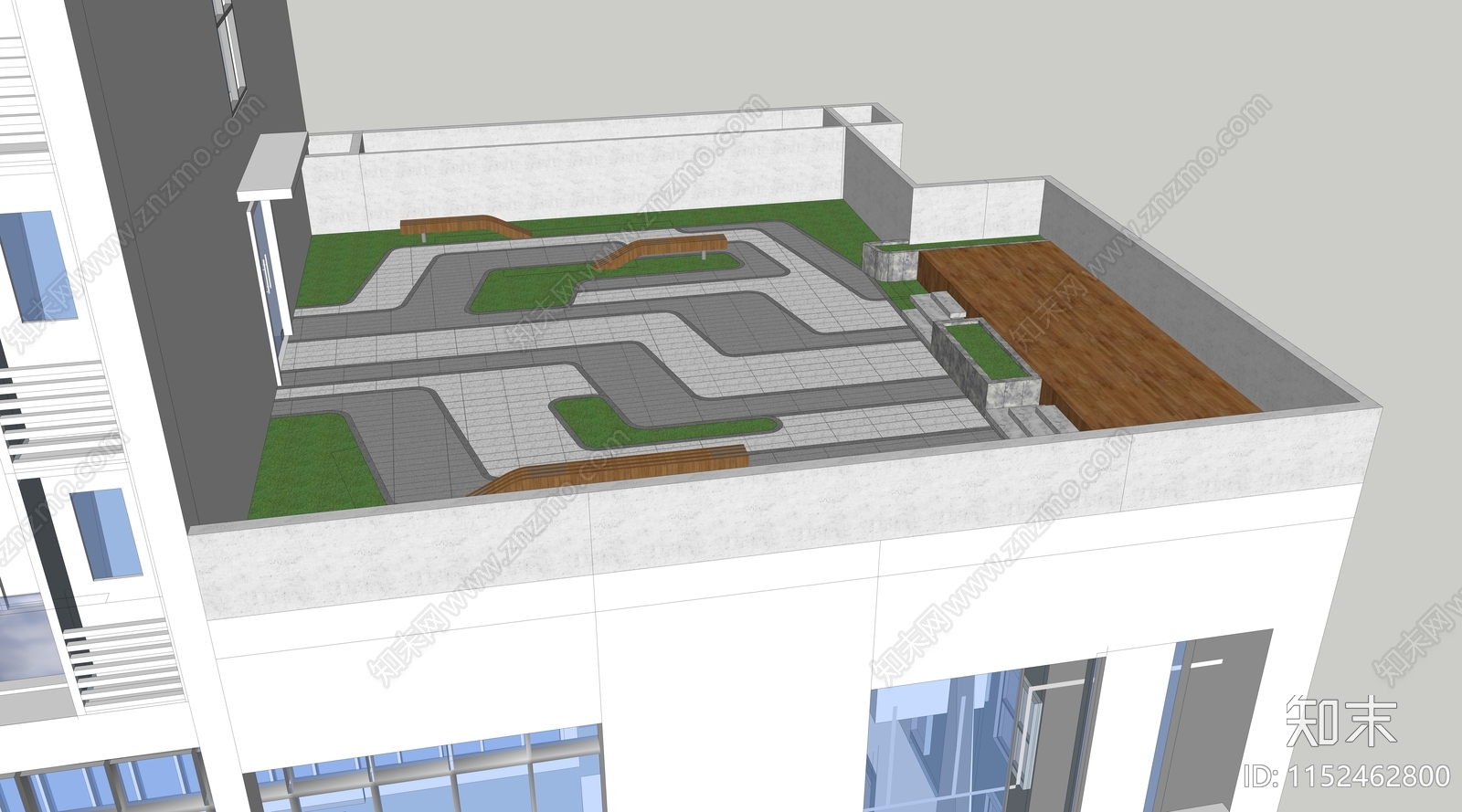 现代线条铺装屋顶花园SU模型下载【ID:1152462800】