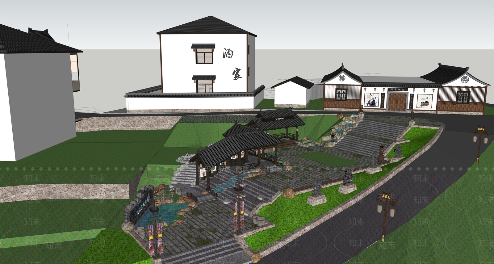 新中式历史古村落庭院SU模型下载【ID:1152470861】