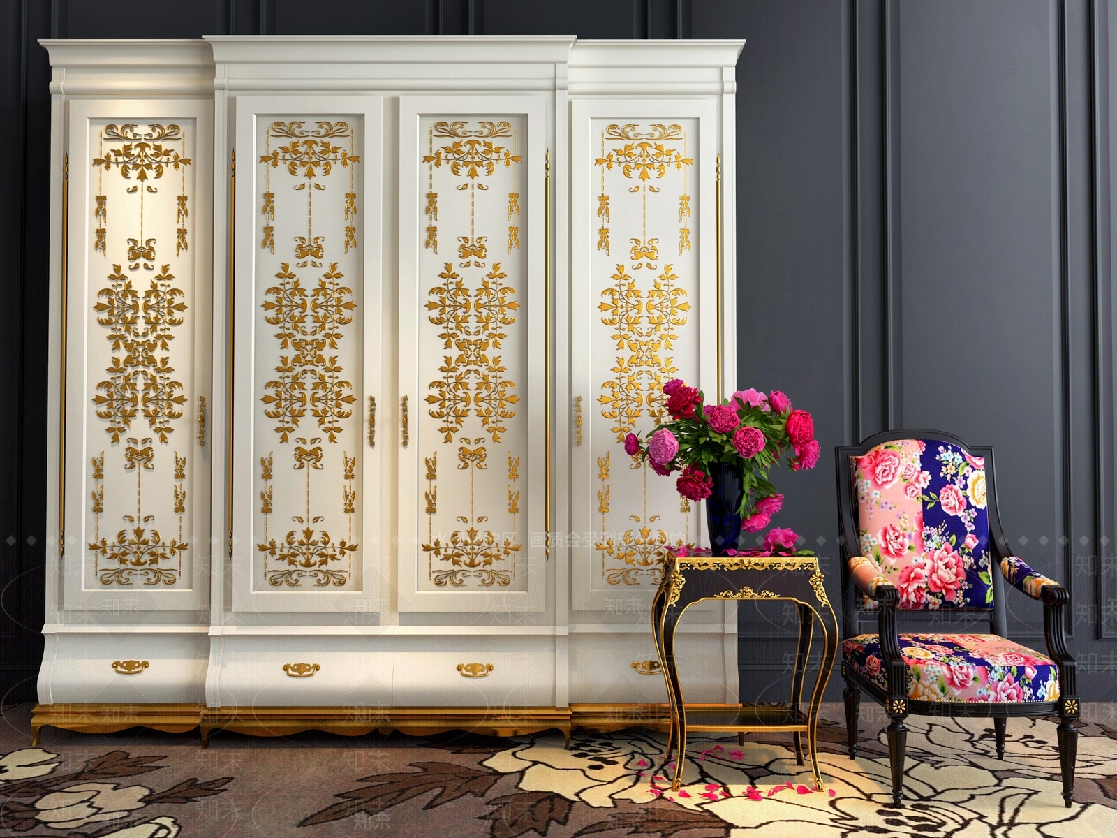 欧式古典雕花衣柜3D模型下载【ID:1152471260】