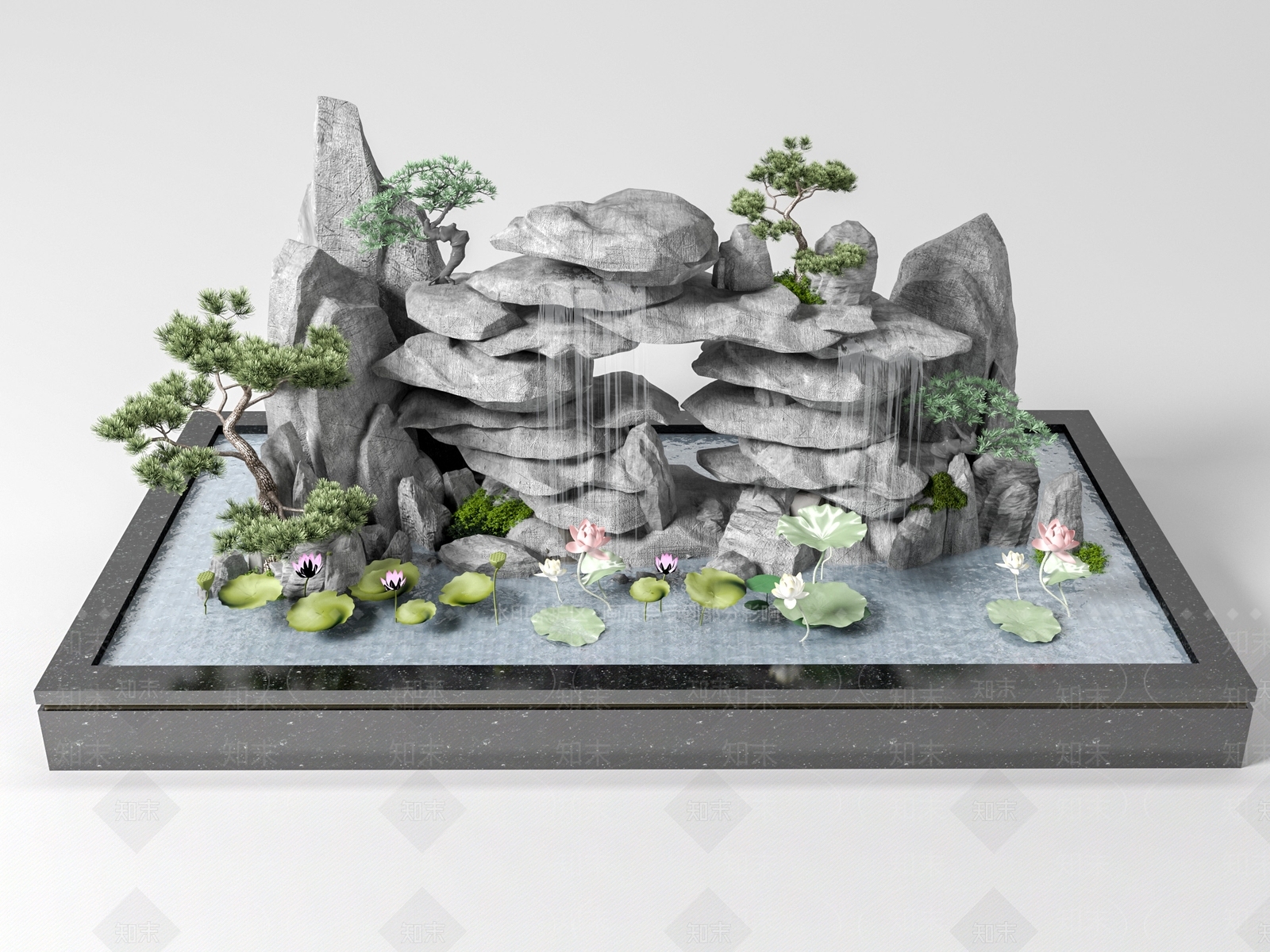 新中式景观假山水池SU模型下载【ID:1152476008】