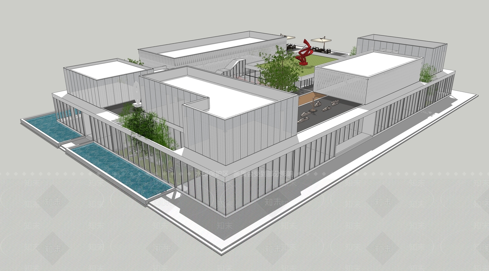 现代展览馆建筑SU模型下载【ID:1152477960】