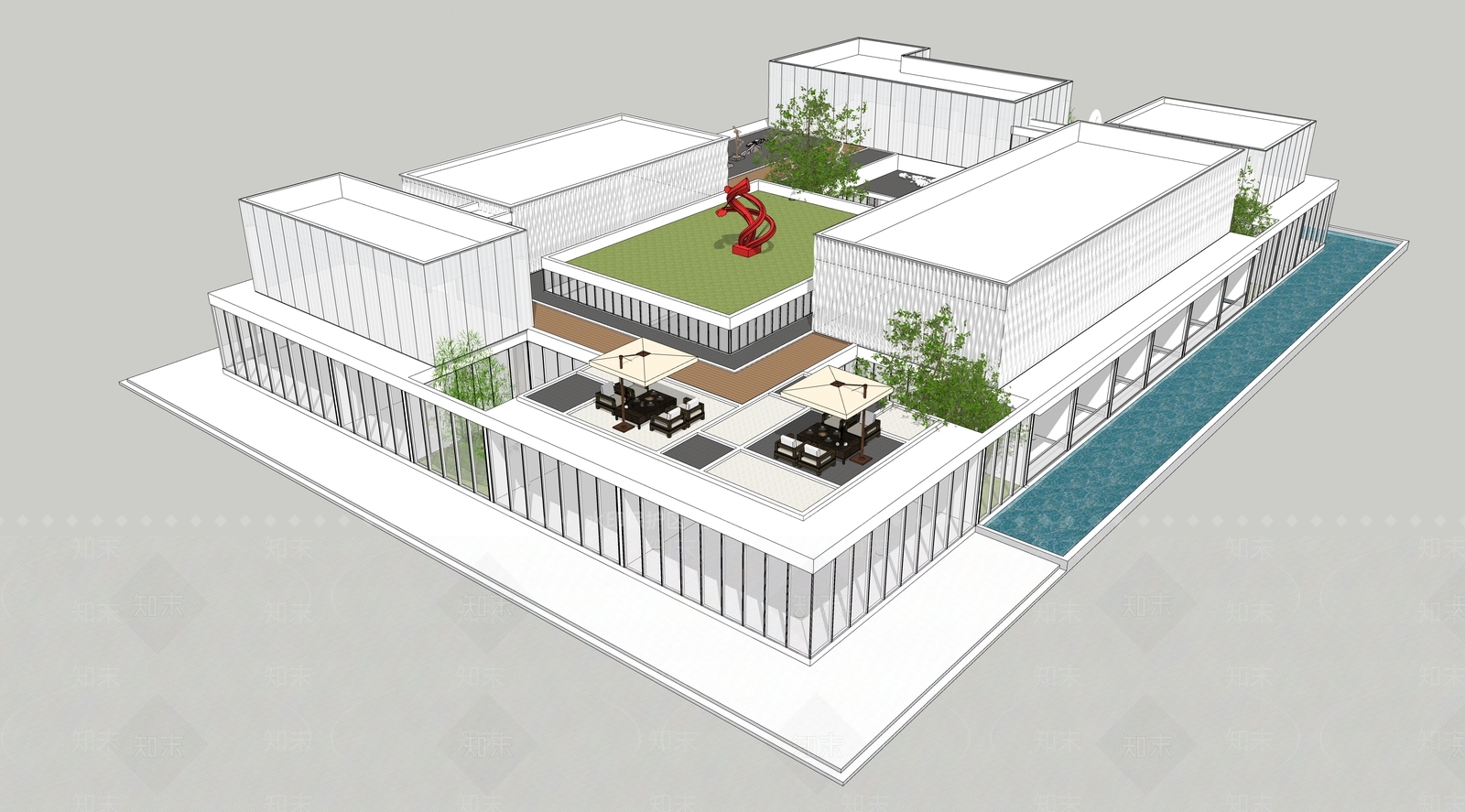 现代展览馆建筑SU模型下载【ID:1152477960】