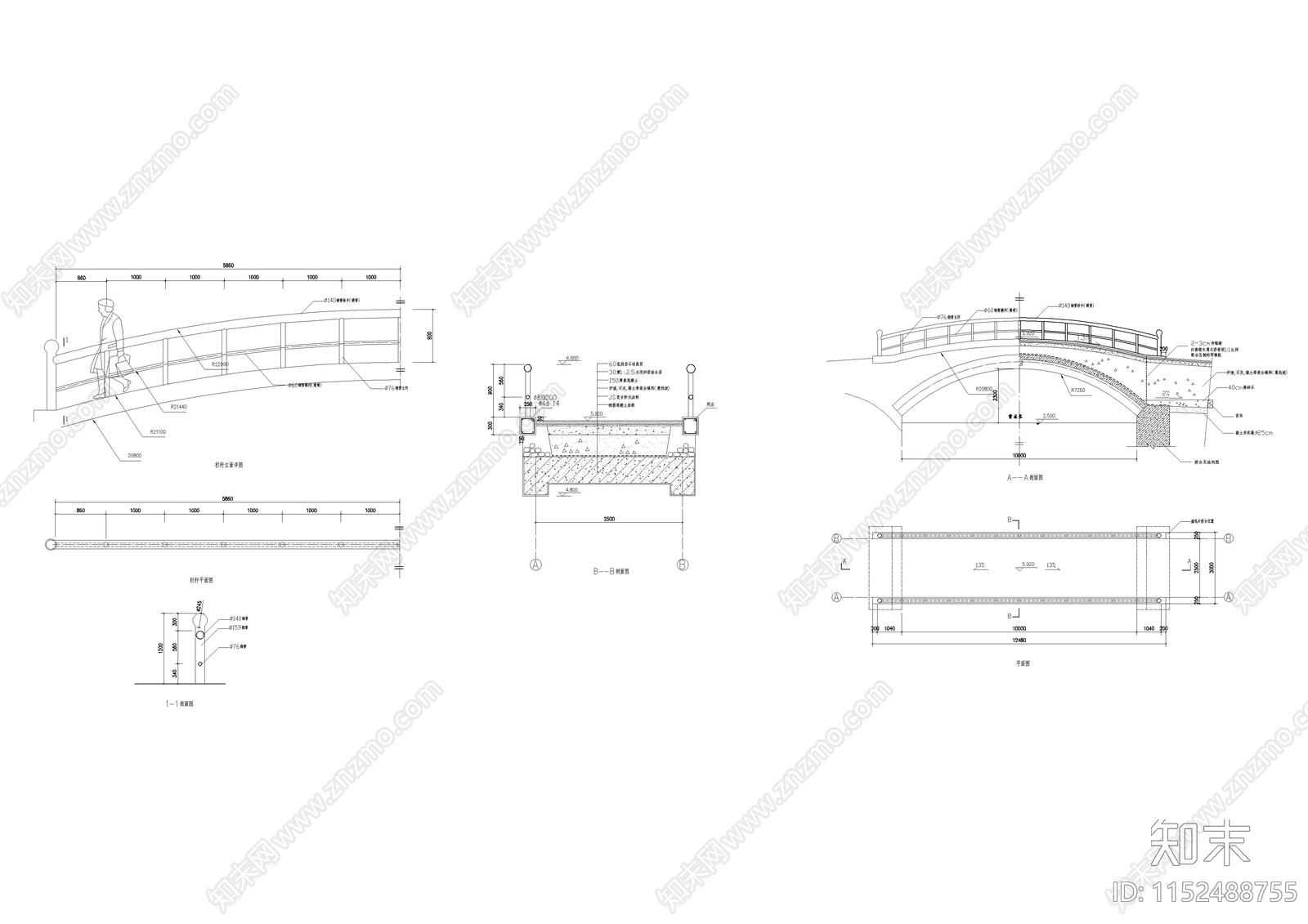 园桥栏杆景观大样图cad施工图下载【ID:1152488755】