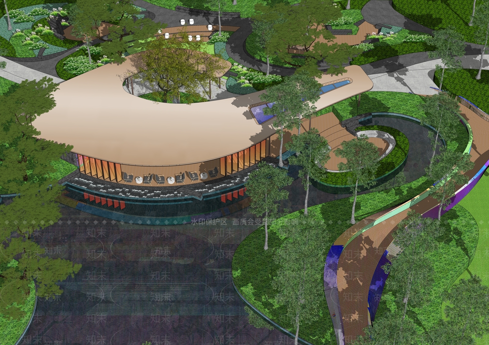 现代彩色弧形树状格栅滨水廊架SU模型下载【ID:1152494049】