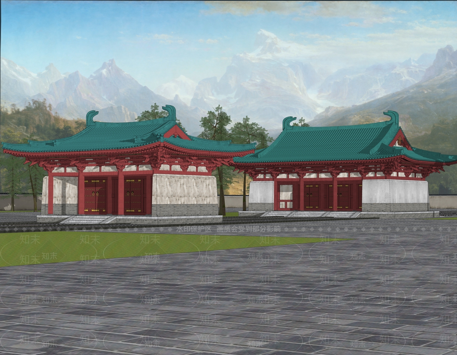 中式唐代歇山顶山门入口门楼古建筑SU模型下载【ID:1152494604】