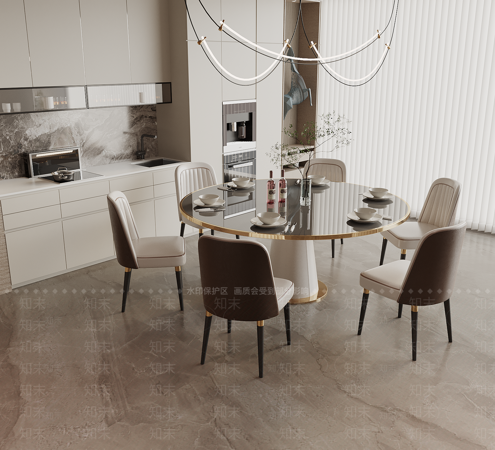 现代轻奢圆形餐桌椅组合3D模型下载【ID:1152511546】