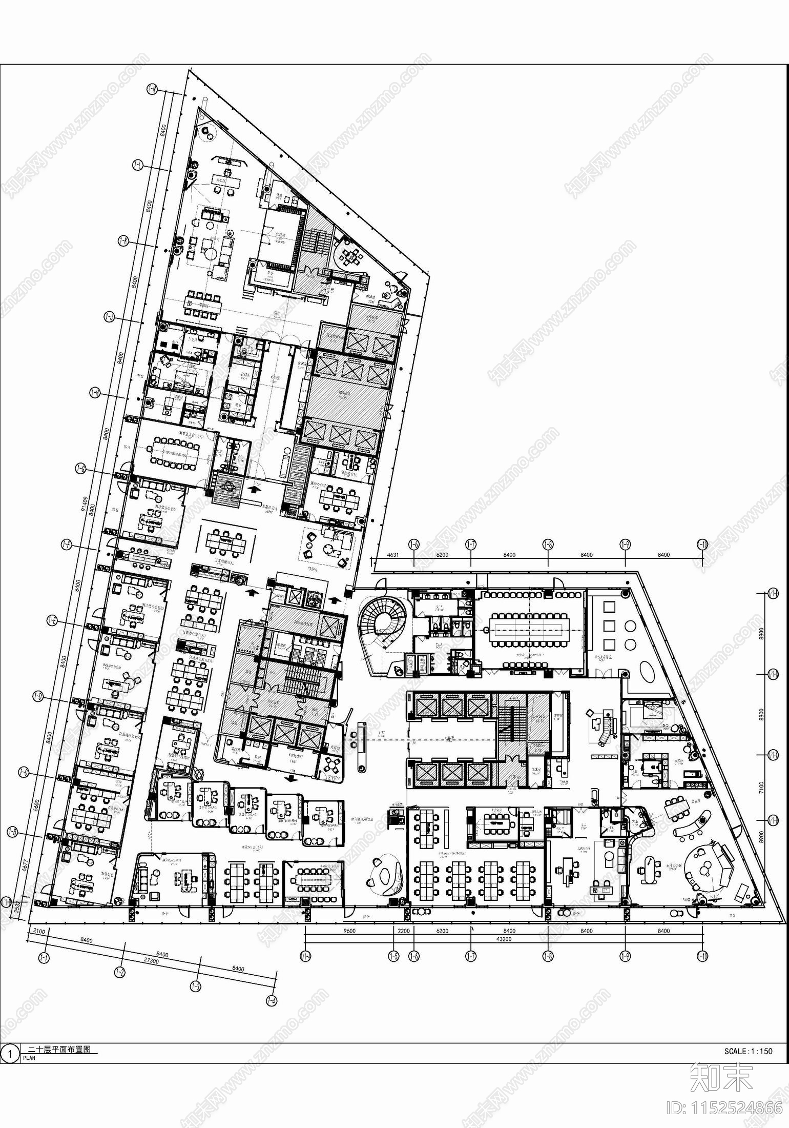 现代4000㎡现代风格办公室cad施工图下载【ID:1152524866】