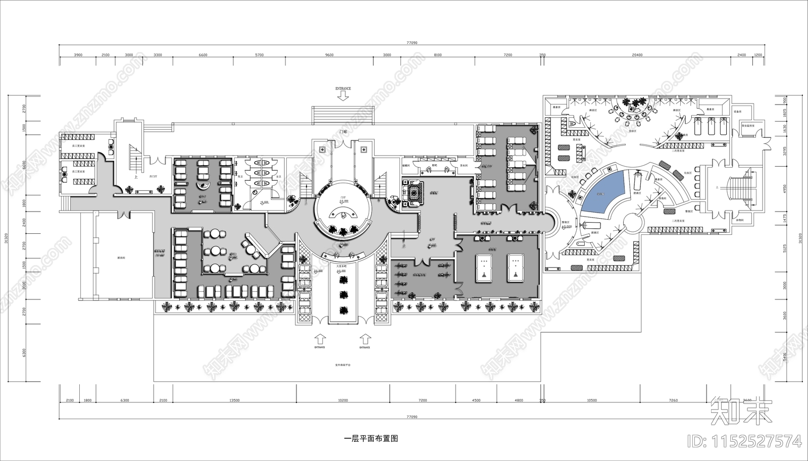 1500㎡桑拿洗浴中心施工图下载【ID:1152527574】