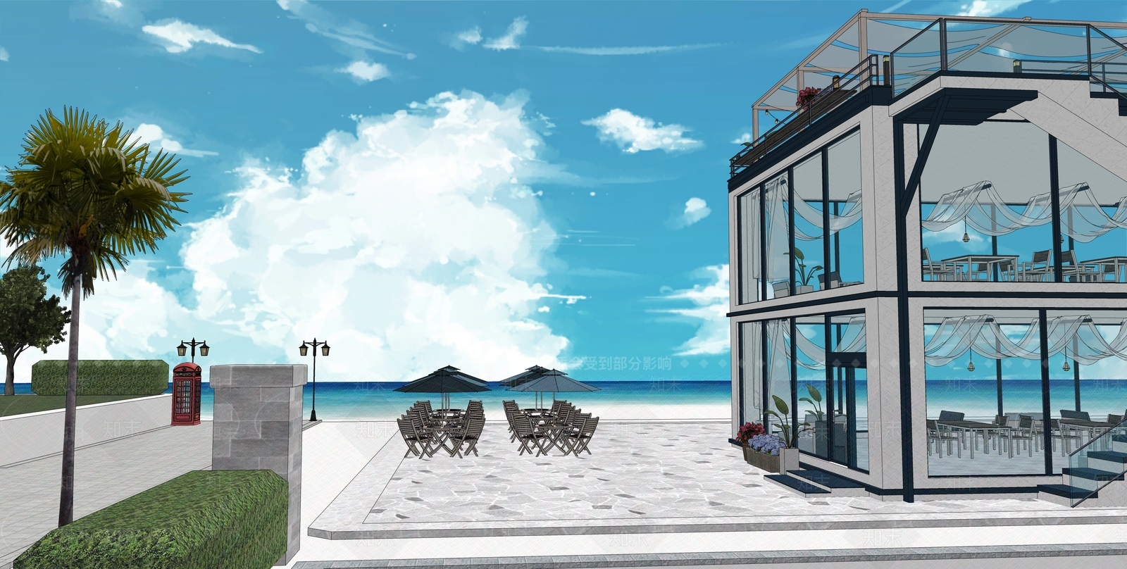 现代看海浪漫咖啡店SU模型下载【ID:1152529638】