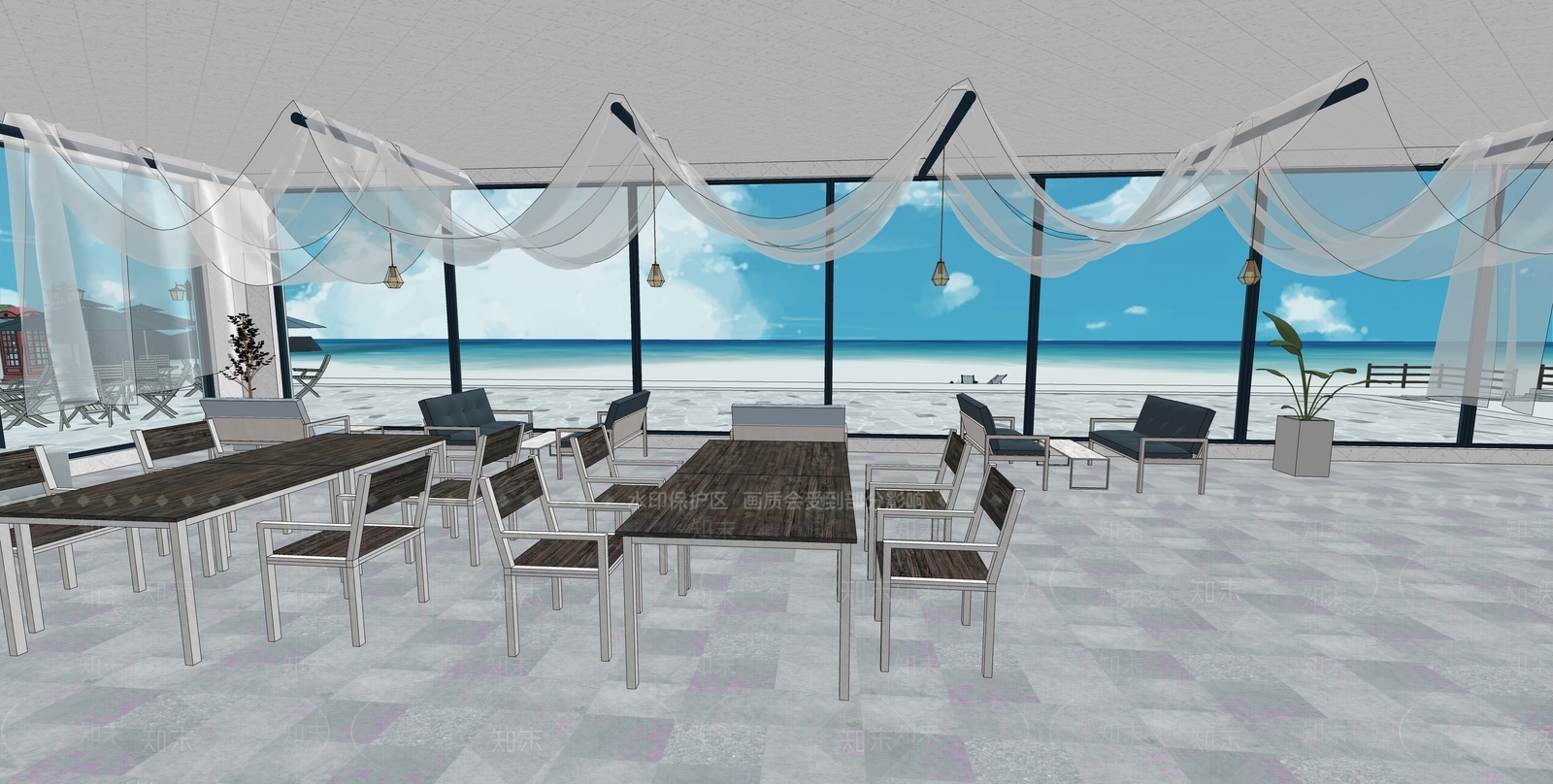 现代看海浪漫咖啡店SU模型下载【ID:1152529638】