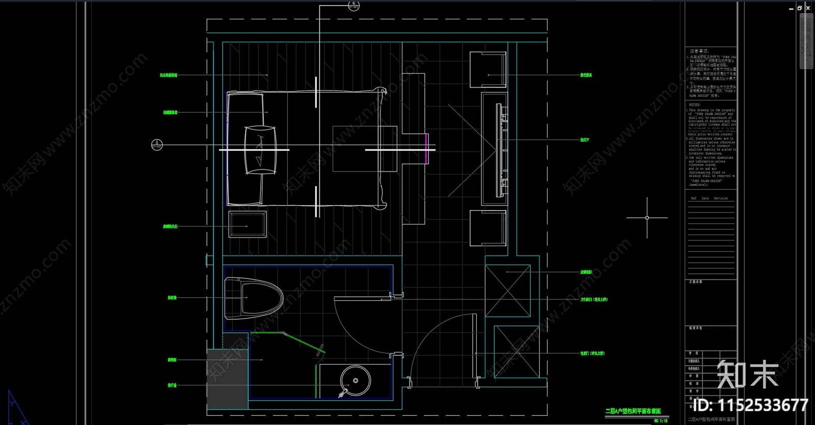 现代酒店客房大床房cad施工图下载【ID:1152533677】